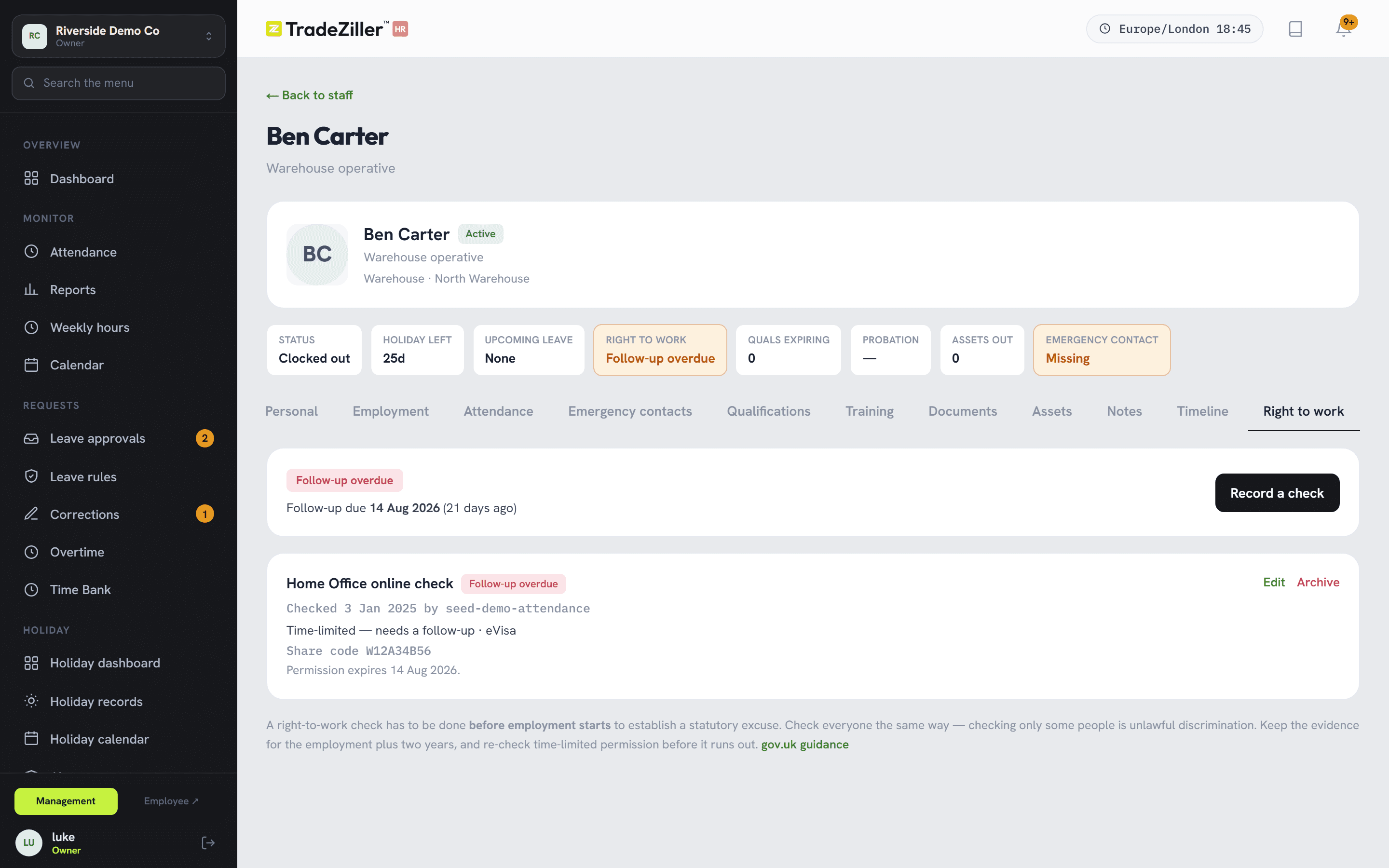 The right to work tab on an employee record