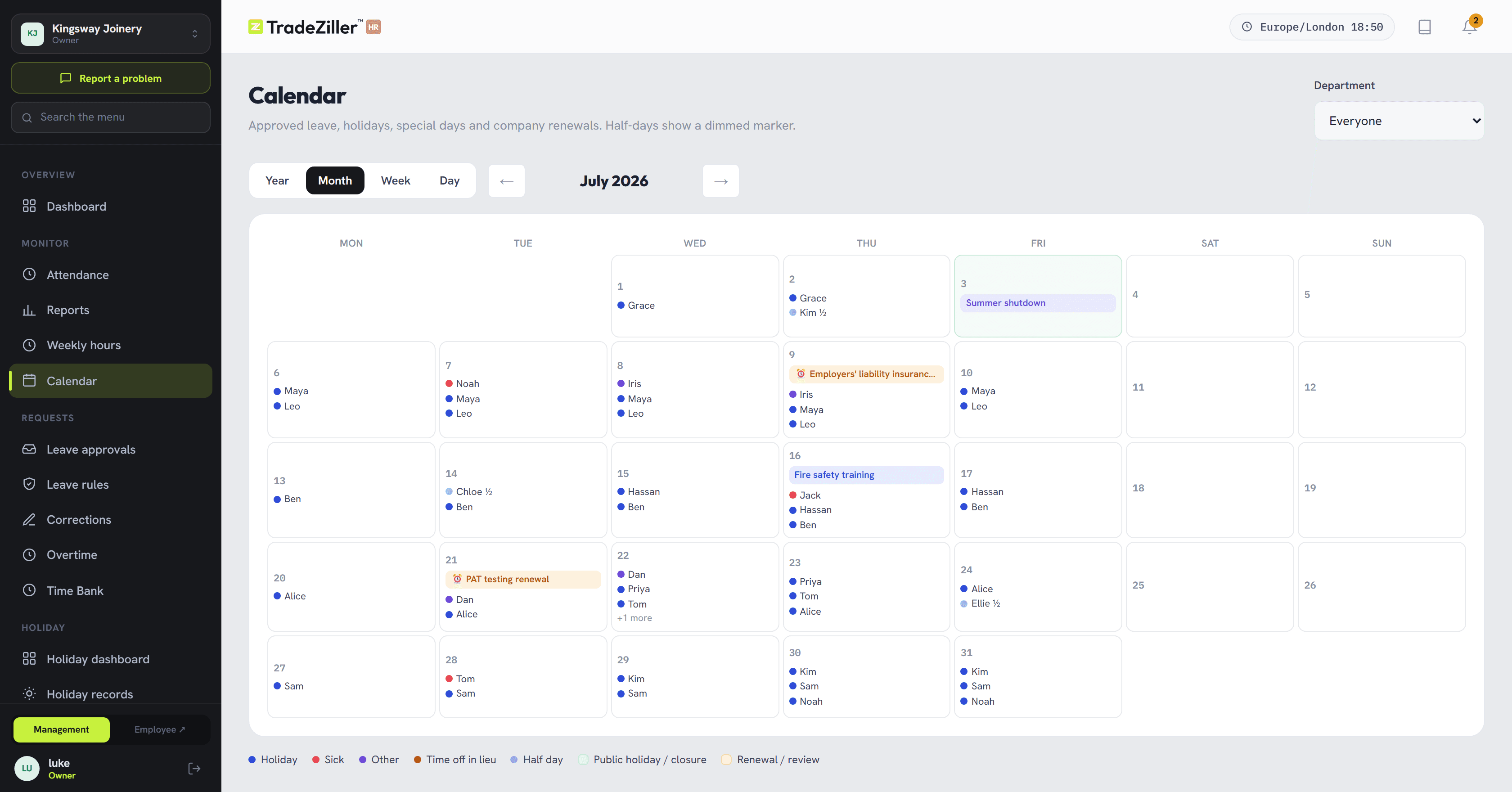 TradeZiller HR calendar, showing a month of approved leave, a company shutdown and renewal dates across a team