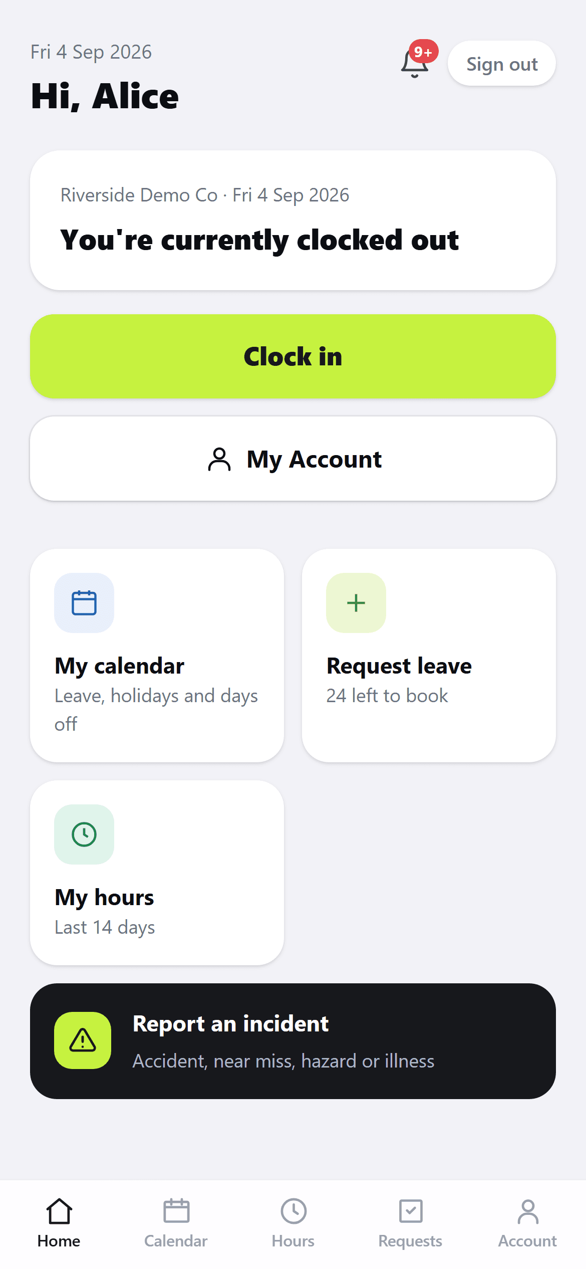 The staff app home screen with clock-in