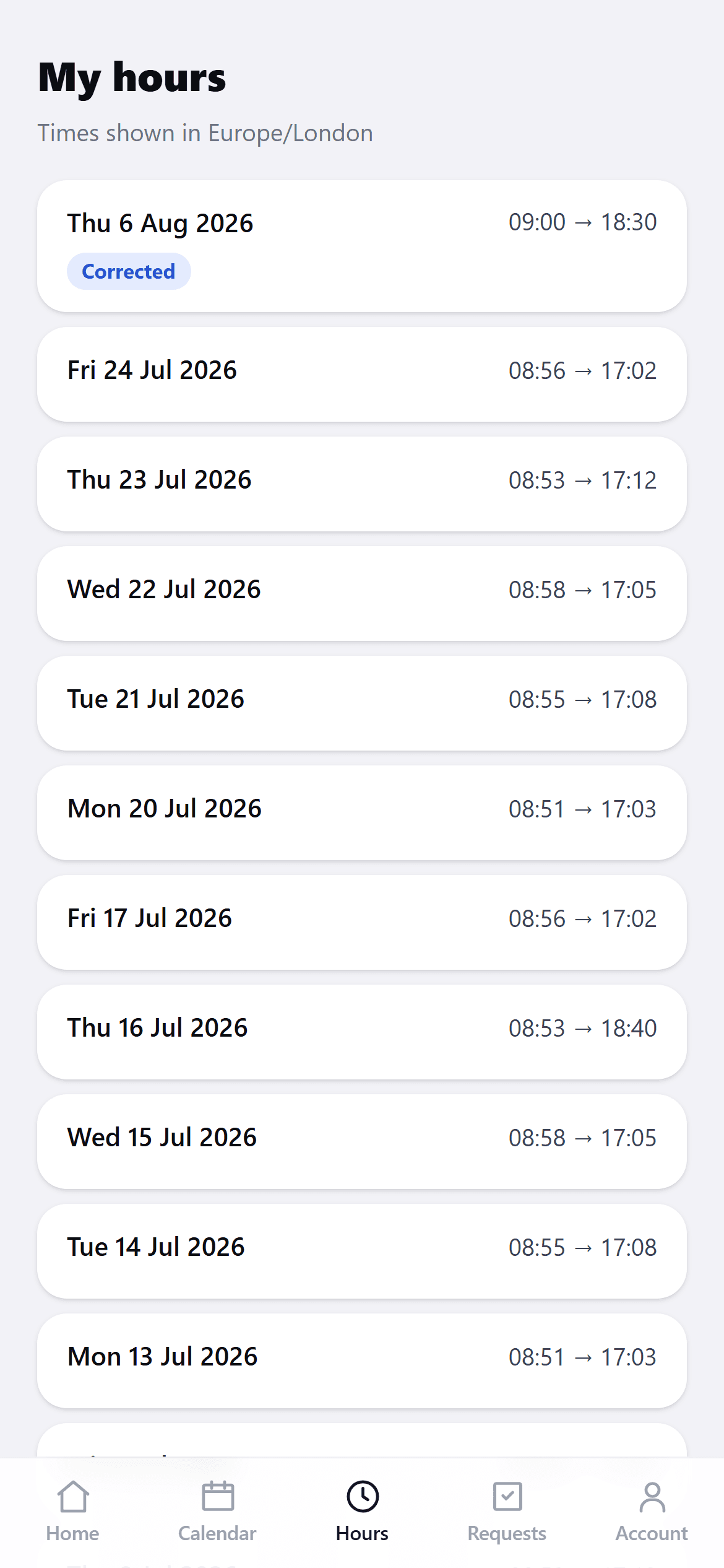 A member of staff's own timesheet