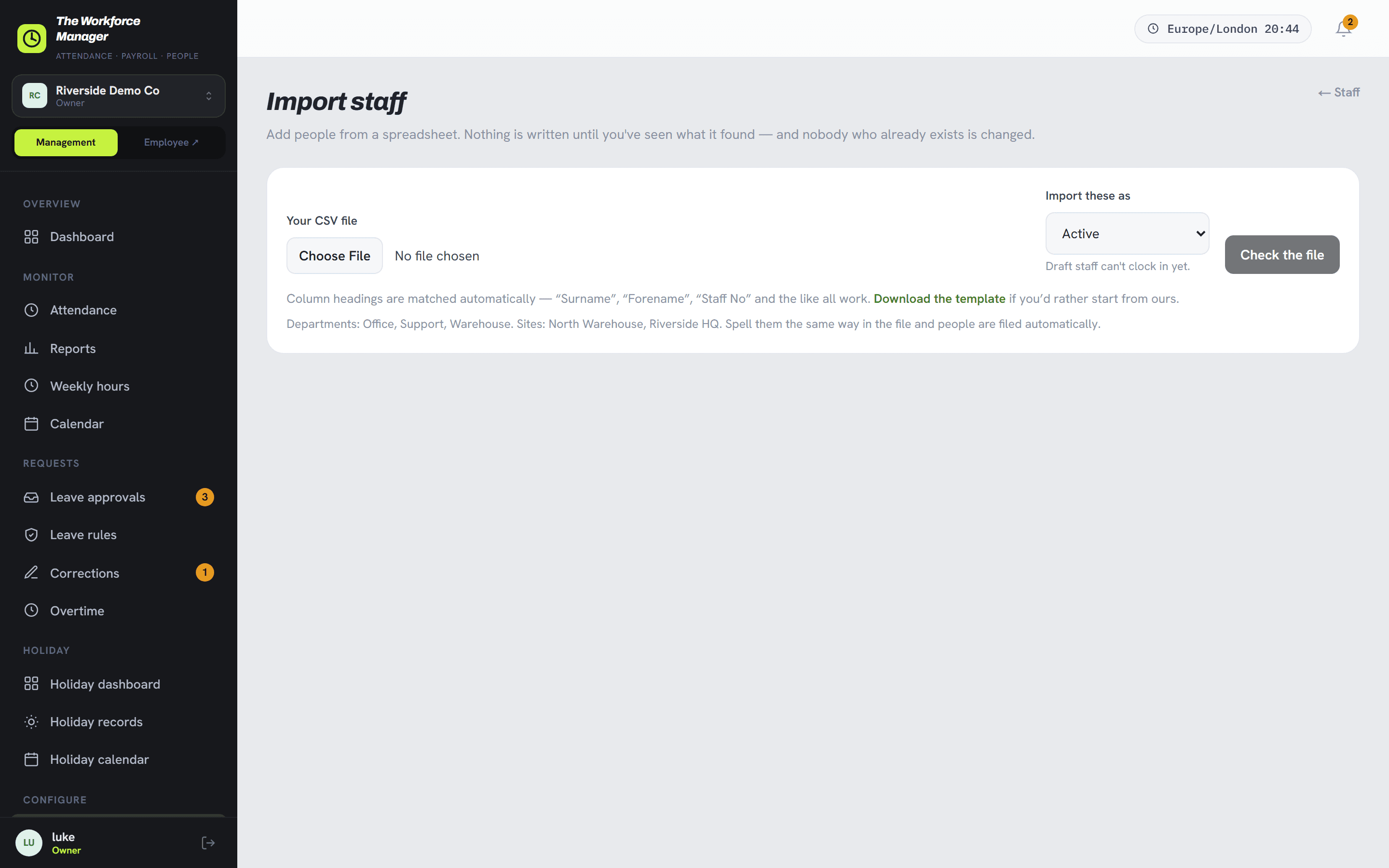 The staff import preview, showing what will happen to each row